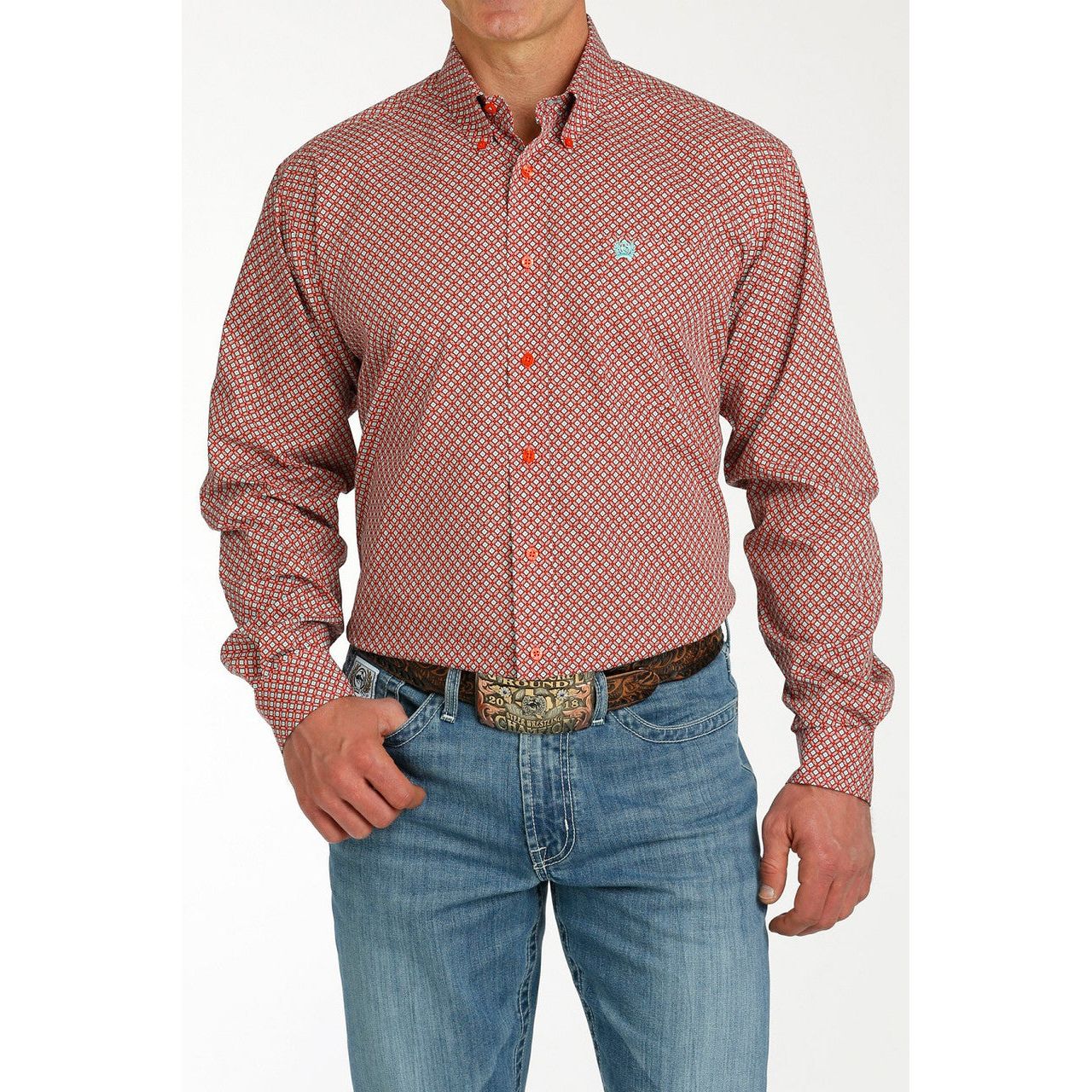 Men’s Cinch Red Geometric Print Button Up Long Sleeve Shirt