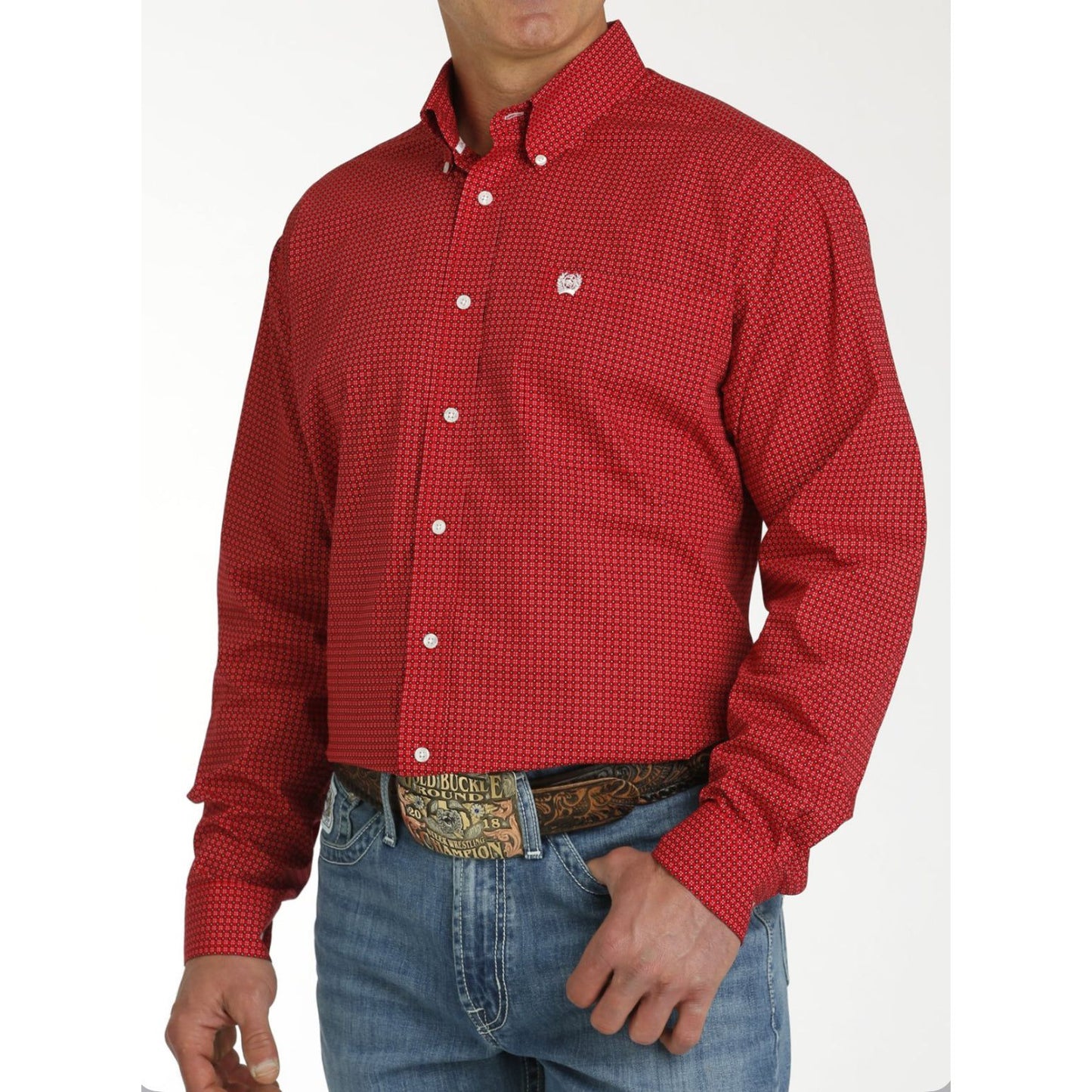 MEN'S MATCH BOY'S GEOMETRIC BUTTON-DOWN WESTERN SHIRT - RED/WHITE