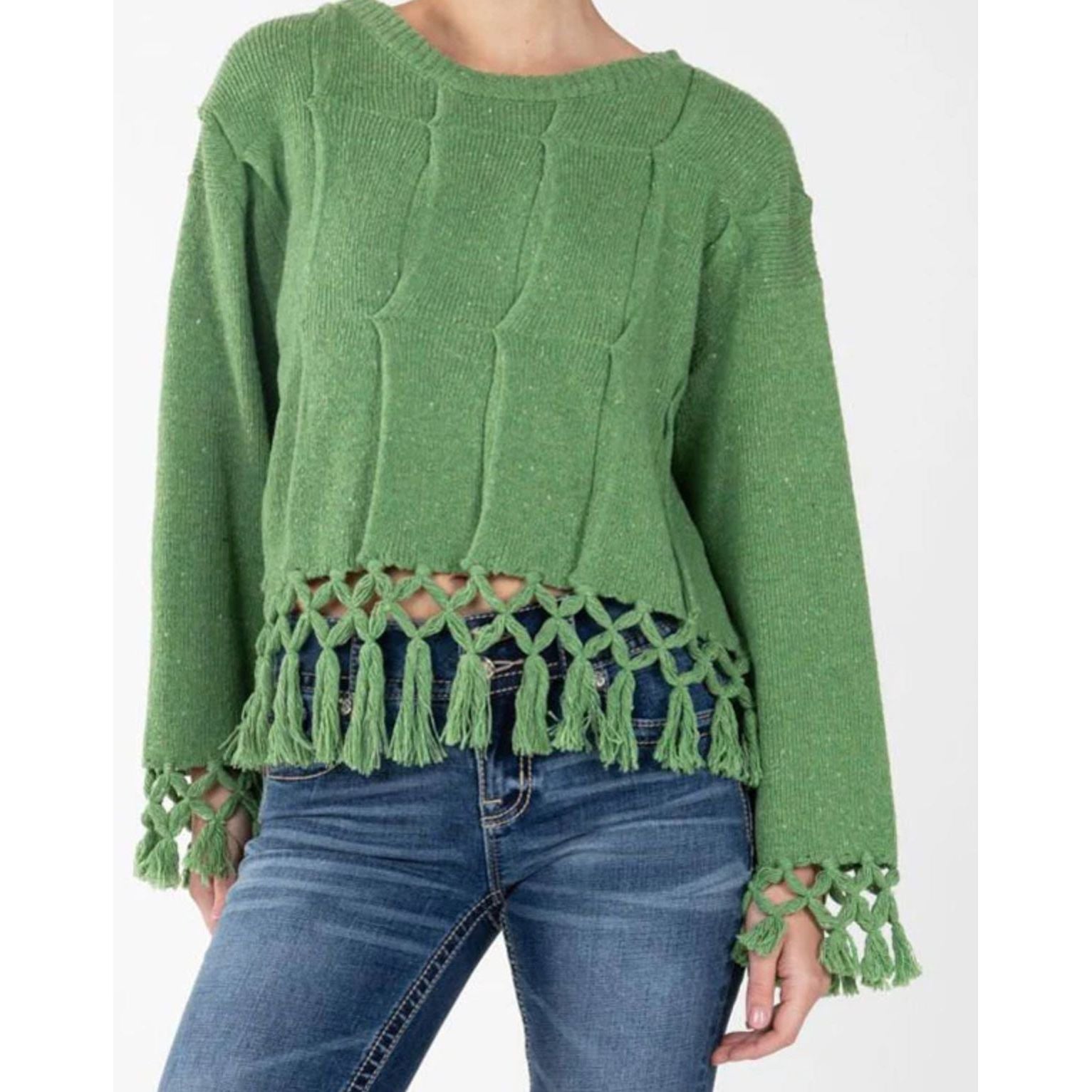 Miss Me MSW0421L Womens Knitted Fringe Sweater Green