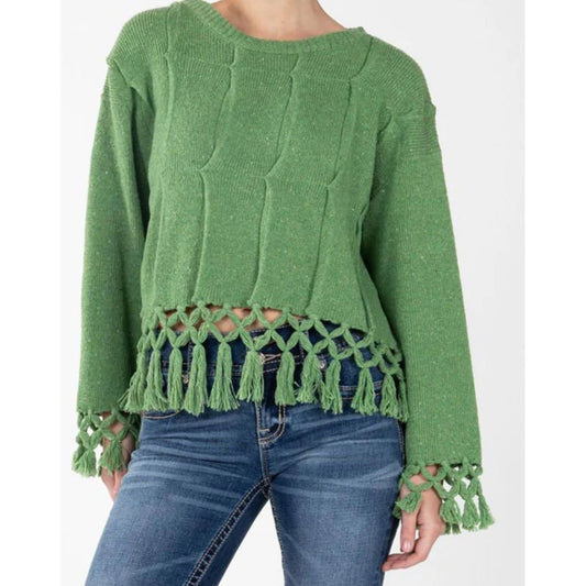 Miss Me MSW0421L Womens Knitted Fringe Sweater Green