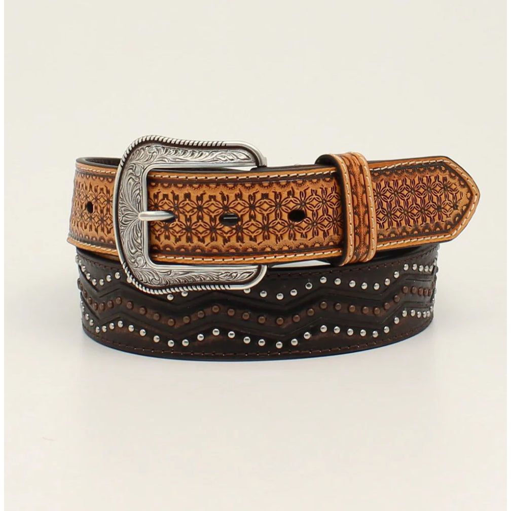 3-D Belts Tan/Brown Tooled Men's Belt with Silver/Copper Studs D100012502