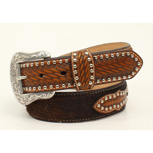 Nocona Men’s Belt, Cinnamon Brown Hide with Brads & Concho- N2500408