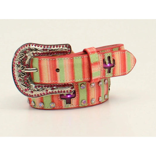 Angel Ranch Girls Belt -Leather, Inlay LIGHT UP Cactus, Pink Rhinestone, D130001230