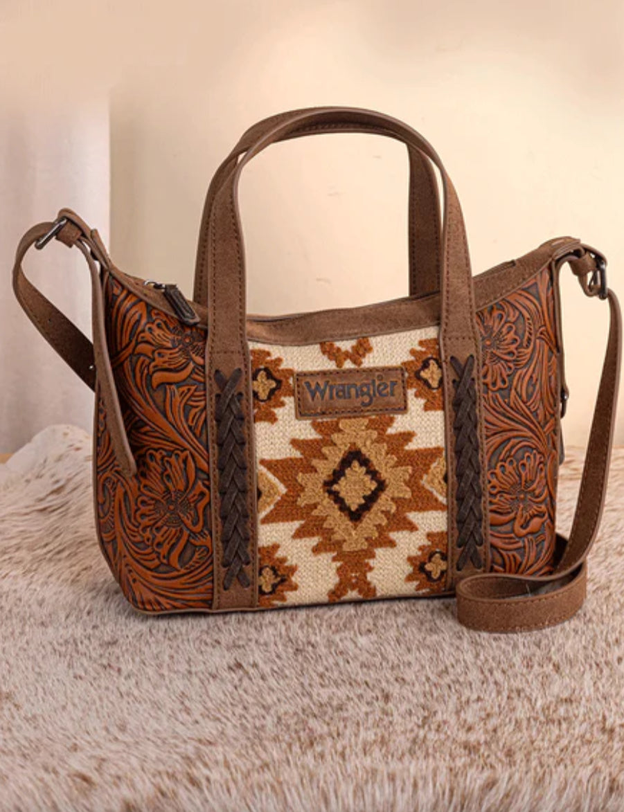 Wrangler Tooled Aztec Pattern Print Tote/Crossbody, WG226-8605BR