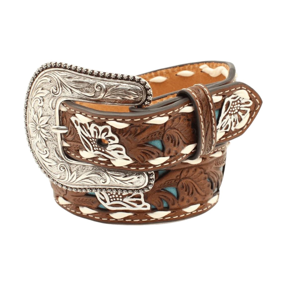 Nocona Kids Belt - Floral Tooled Leather, Turquoise Inlay, White Lacing, N4439408