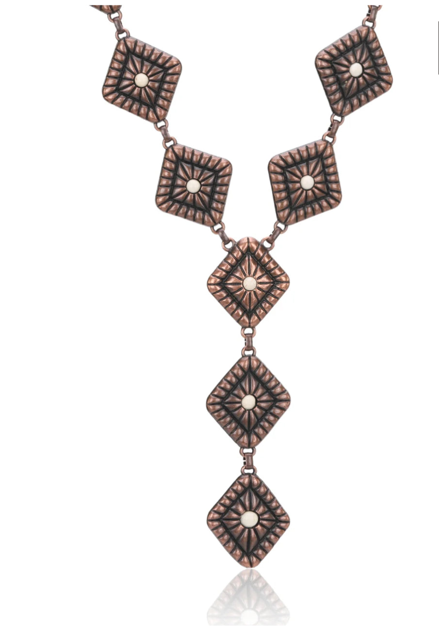 Rustic Coutoure Necklace Leather, Bronze Concho & White Stone RNS-1054WT