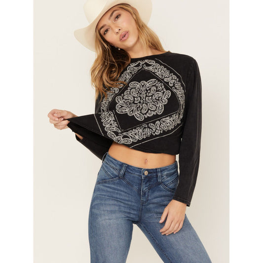 ROCK & ROLL DENIM WOMEN'S BANDANA PRINT LONG SLEEVE T-SHIRT #RRWT91R0D5