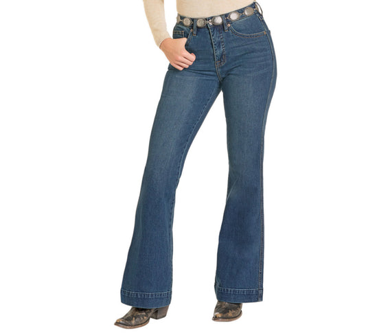Rock & Roll Denim Ladies Trouser -medium Wash, High Rise, Signature Pocket BW5HD07211