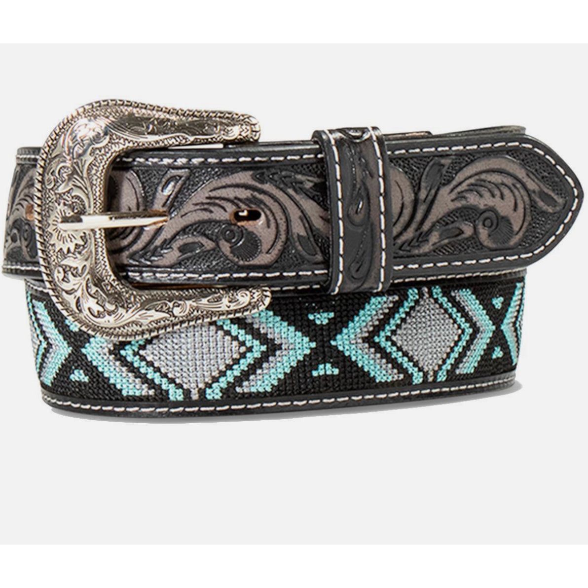 Ariat Men’s Belt Black Leather with Turquoise & Black Aztec Pattern A1041388