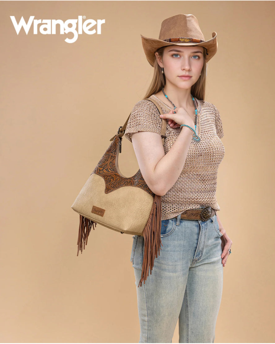 WRANGLER Fringe Floral Tooled Hobo Bag WG265-3027 Tan or Cofee
