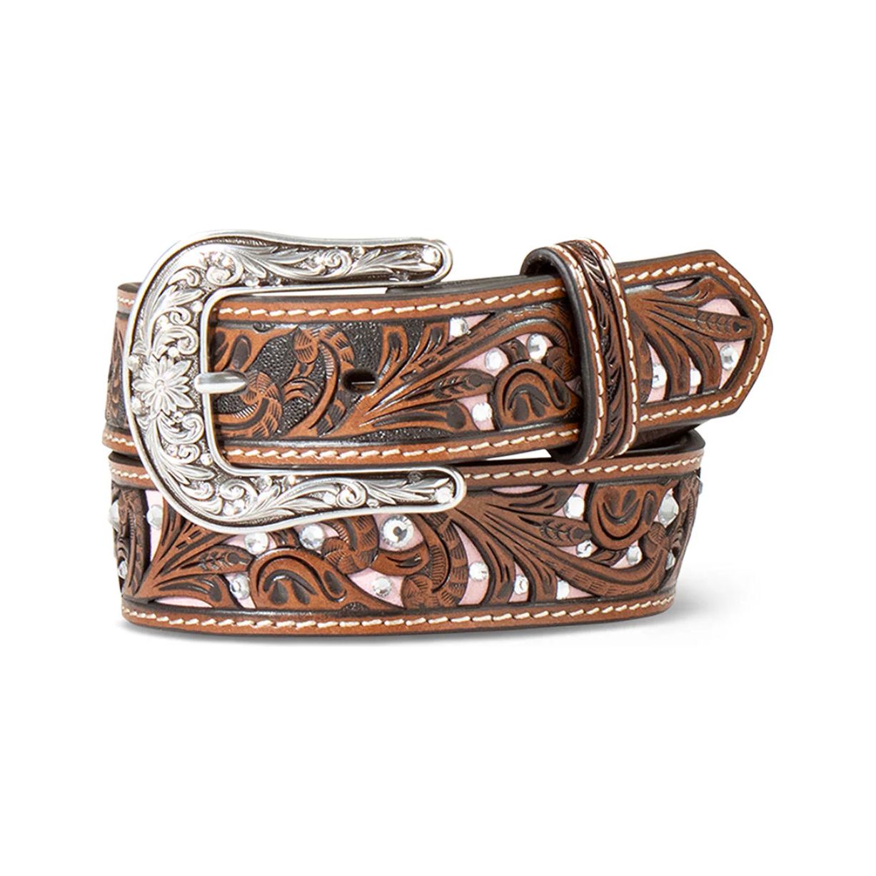 Ariat Kids Belt - Pink Filigree, Rhinestone & Floral Tooled Leather A1307530