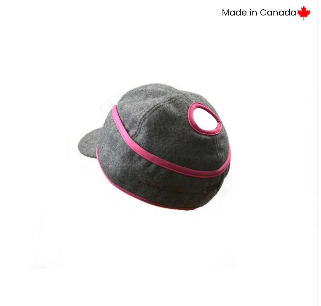 CROWNCAP Ladies Charcoal/ Pink Wool Blend Railroad Hat w/ Ponytail Hole Winter Hat 1-170L-PT
