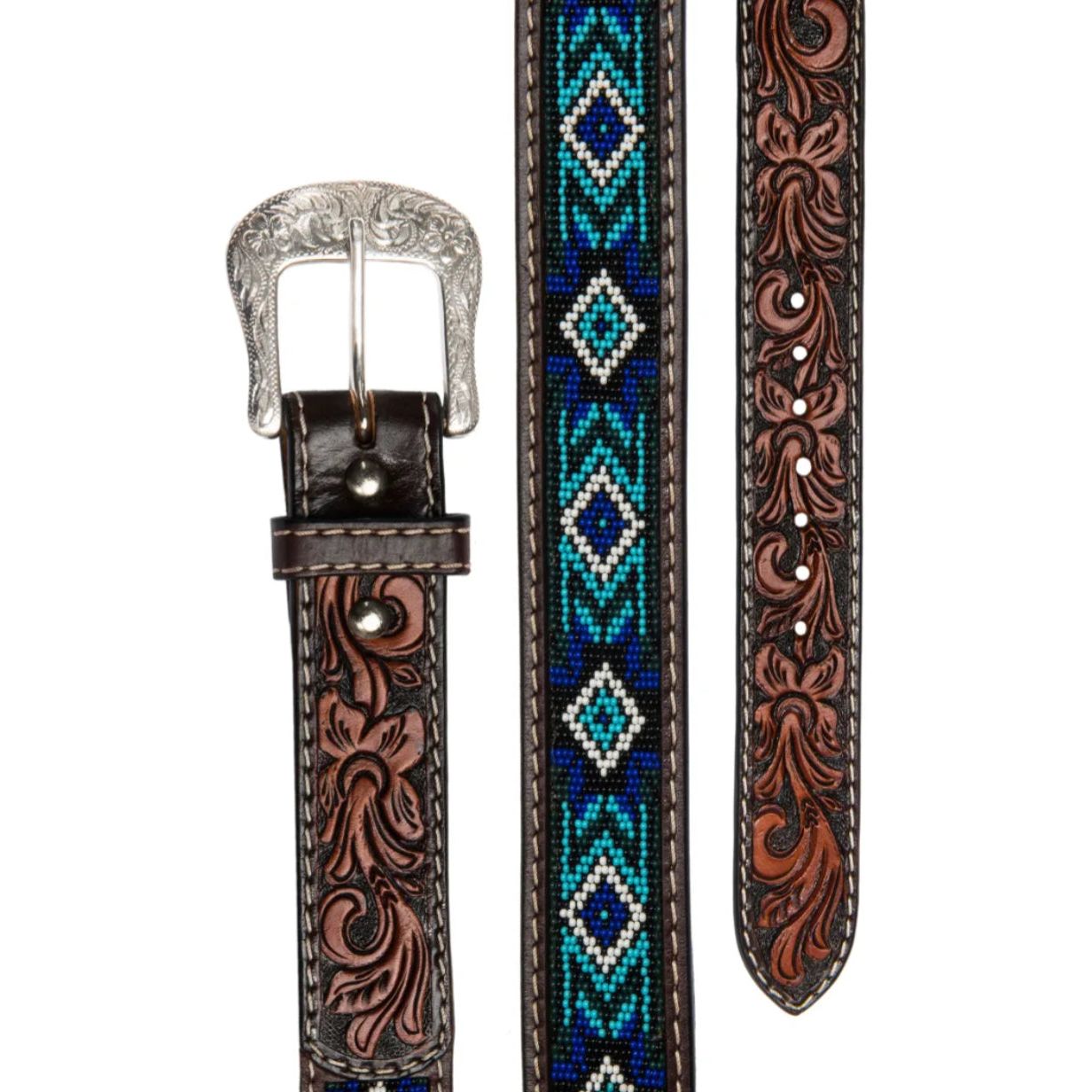 Twisted X Men’s Belt- “The Blues” tooled with beaded blue aztec patern XIBB-101