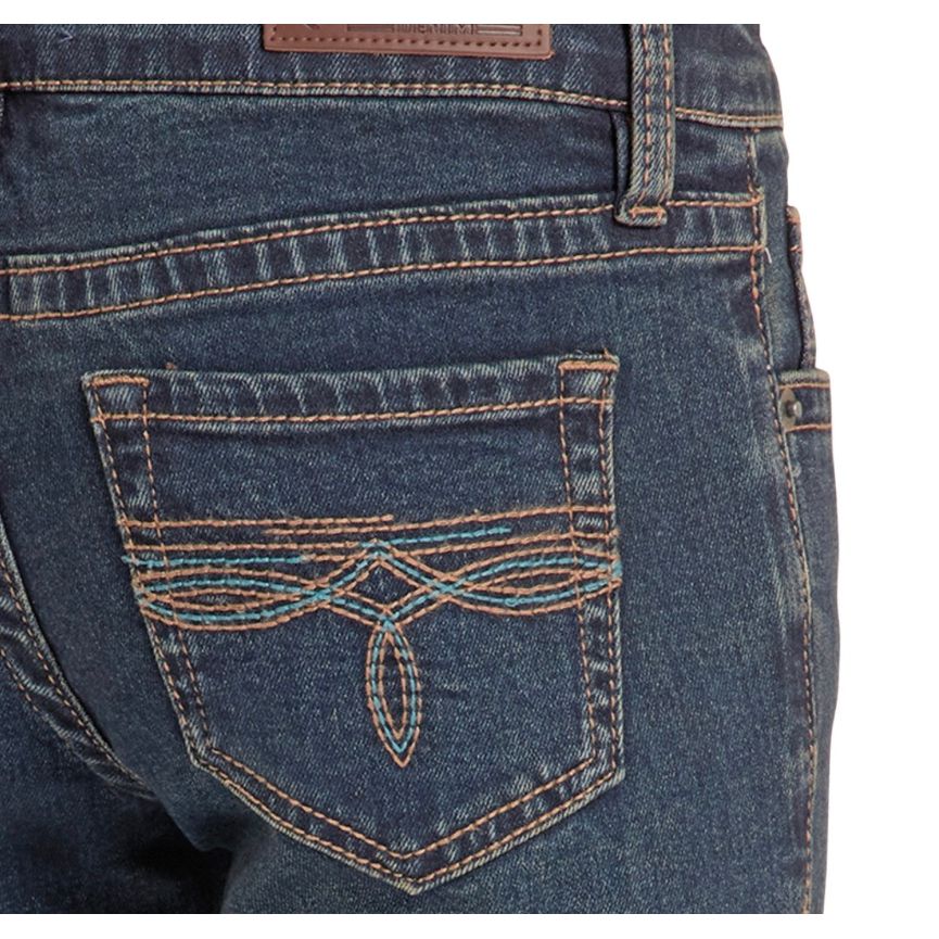 Rock & Roll Girls' Jean - Dark Vintage, Bootcut , Turquois Bootstitch Pocket BG4MD09075