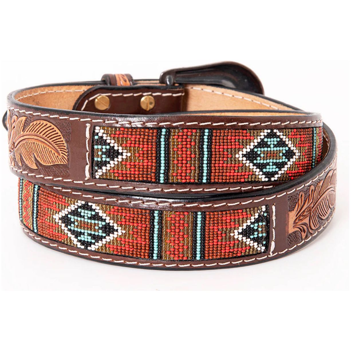 Hillason Men’s Belt Tooled with Beaded inlay (Red, Gold, Turquoise, White) RIBT115