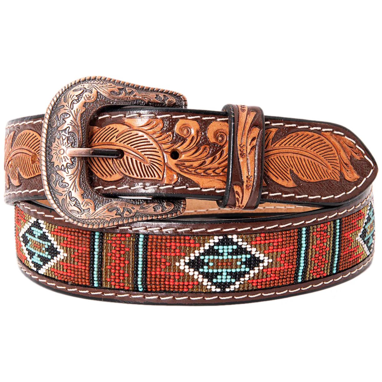 Hillason Men’s Belt Tooled with Beaded inlay (Red, Gold, Turquoise, White) RIBT115