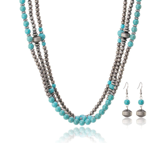 Rustic Coutoure Turquoise Beaded Layered Necklace Earrings Set RNS-1035