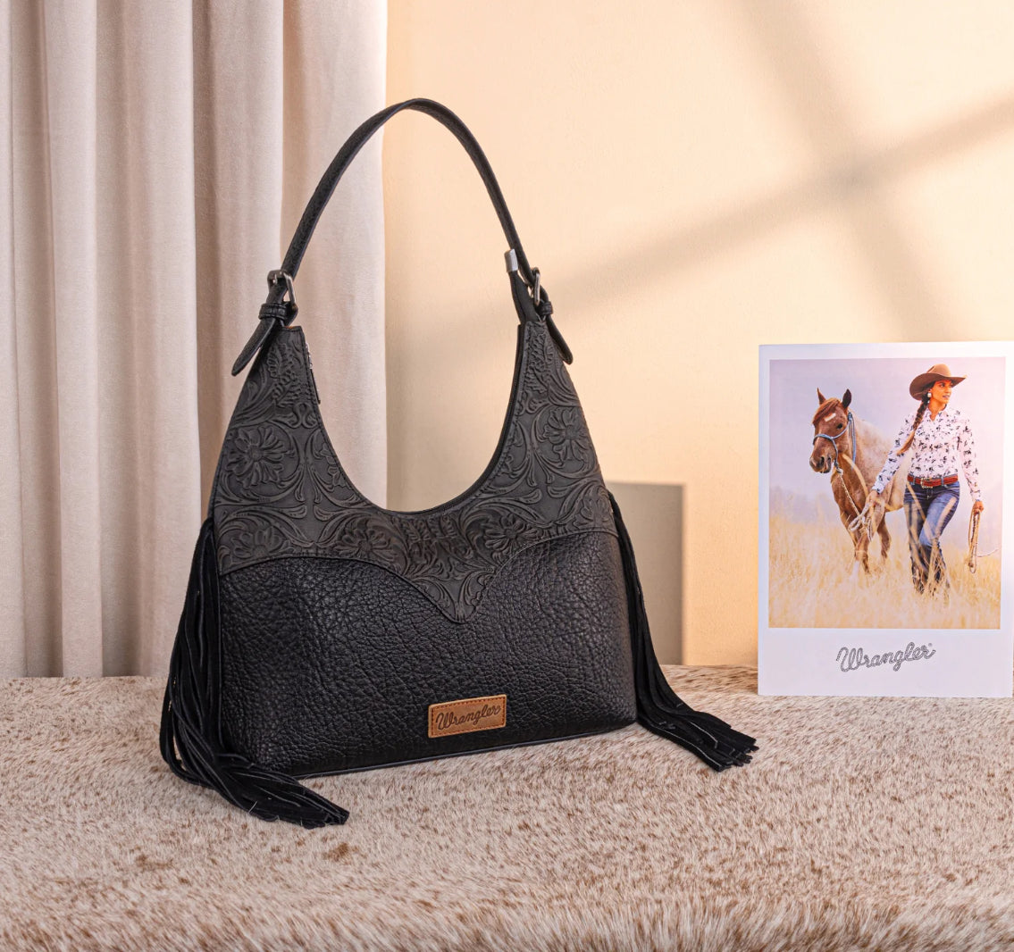 WRANGLER Fringe Floral Tooled Hobo Bag- Black WG265-3027BK