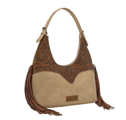 WRANGLER Fringe Floral Tooled Hobo Bag WG265-3027 Tan or Cofee