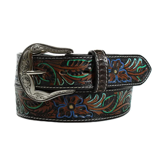 Nocona Ladies Belt  FLORAL TOOLED- BROWN W/TEAL/ROYAL BROWN/TURQUOISE ACCENTS- N320004402