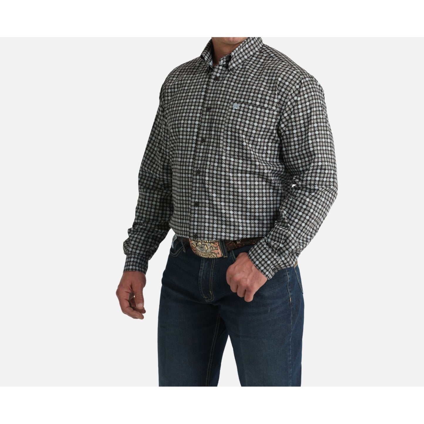 Cinch Men’s Long Sleeve Button Up, Geometric Brown-Blue MTW1106002