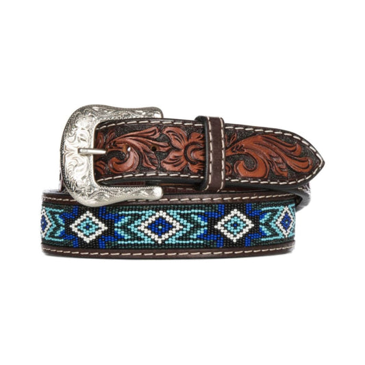 Twisted X Men’s Belt- “The Blues” tooled with beaded blue aztec patern XIBB-101