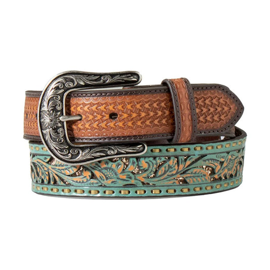 Nocona Ladies Belt FLORAL FILIGREE GLITTER INLAY - TURQUOISE W/COPPER - N32000633