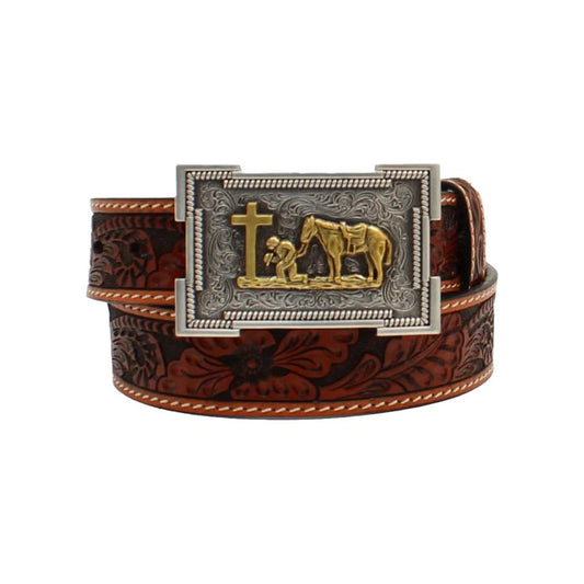 3D Belt Co. Youth Tooled Cowboy Prayer Brown Leather Belt D120001808