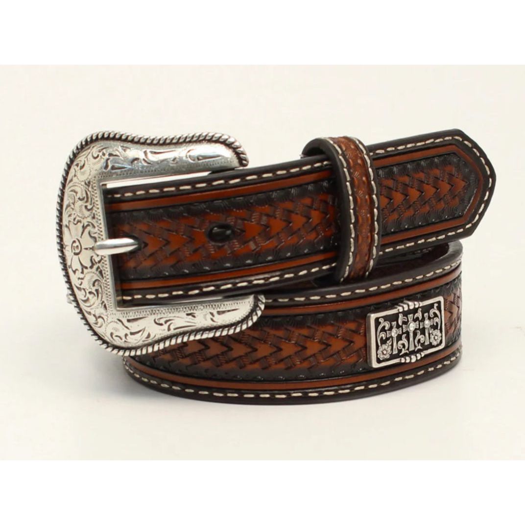 Nocona Kids Belt - Basket Weave Tooled Leather, Three Cross Concho N4431302