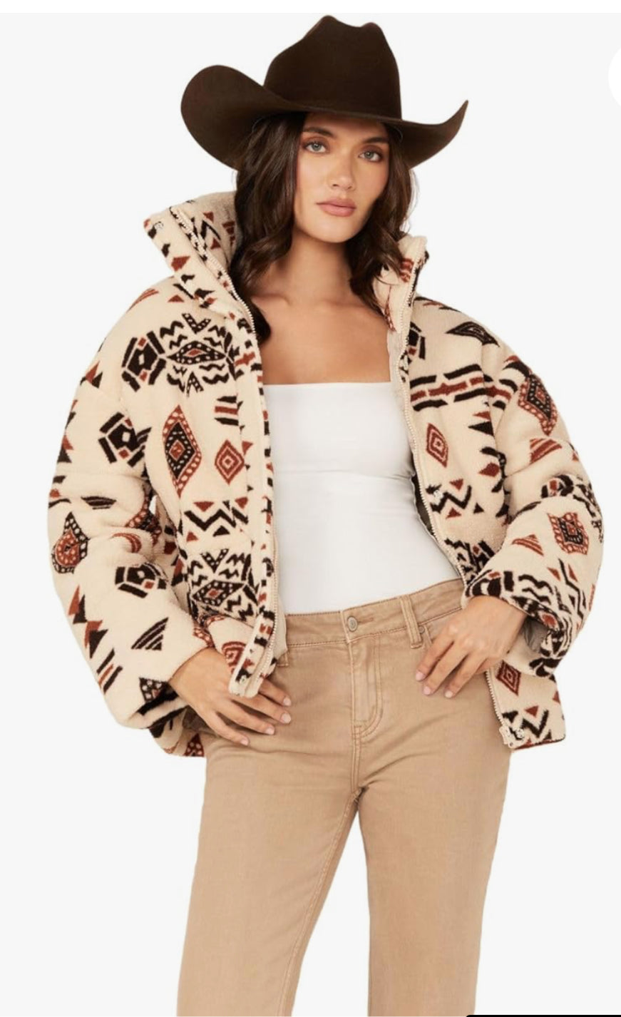 Miss Me Women's Southwestern Print Sherpa Jacket - MJ0719L US Ivory