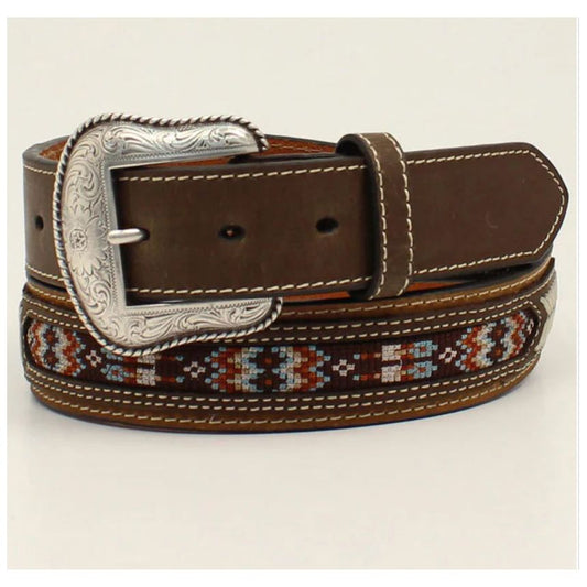 Nocona Men’s Belt, Black leather w/ inlayed Stitched Southwest Patter & concho - N210003502