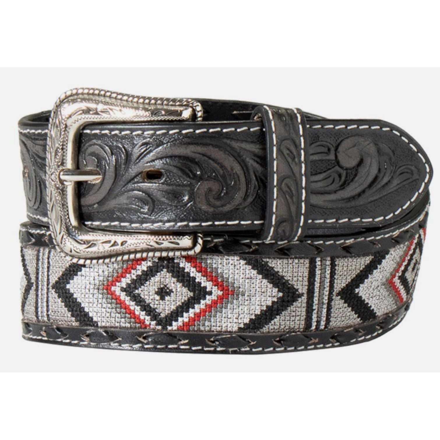 Nocona Men’s Belt, “Black Diamond” Black Tooled leather w/ inlayed Stitched Aztec design and black whipstitch - N210007201