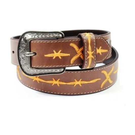 Twisted X Youth Belt- Brown coloured leather with gold barbwire embroidery XRBK-O