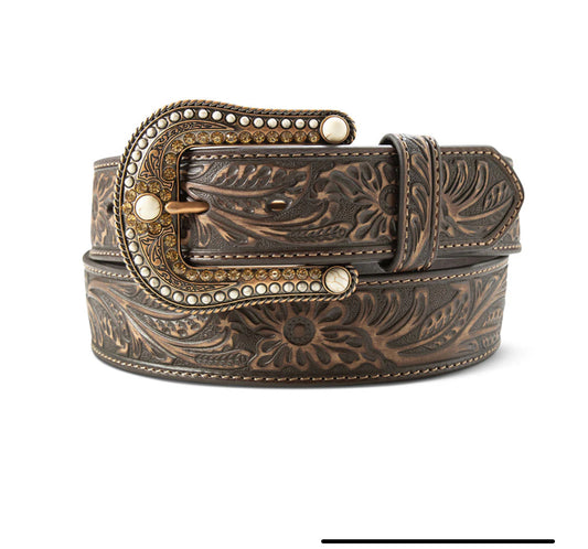 Ariat Ladies Belt, Brown Leather w/ Stone & Rhinestone Buckle A1567702