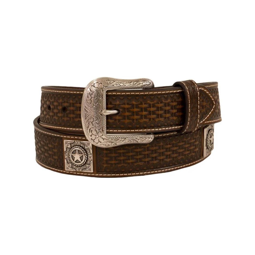 Ariat Men’s Belt Chestnut Brown Leather, basket weave stamped, square star concho A1027008