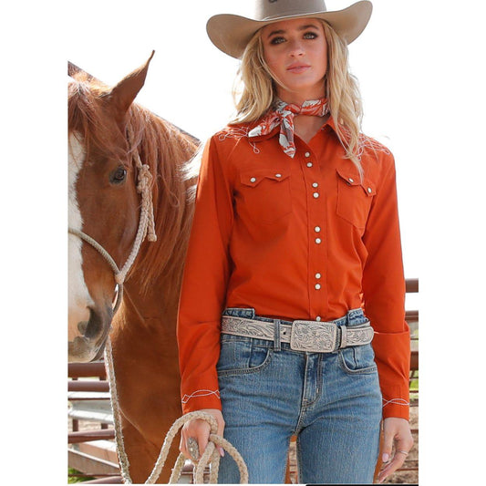 Cruel Girl Ladies Long Sleeve Snap Shirt - Rust CTW7501001