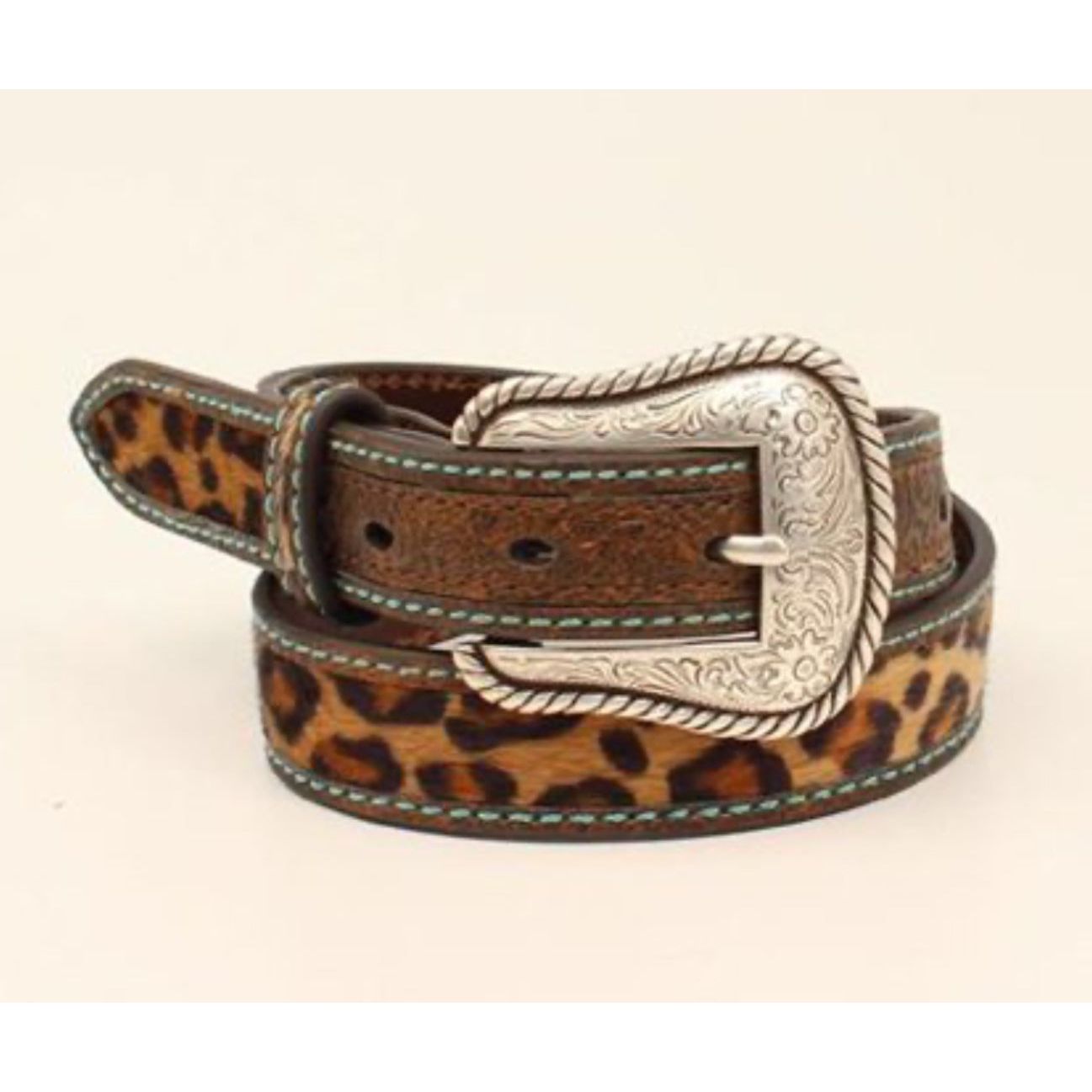 Ariat Kids Belt -Leopard, TurquoiseStitching & Tooled Leather A1307002