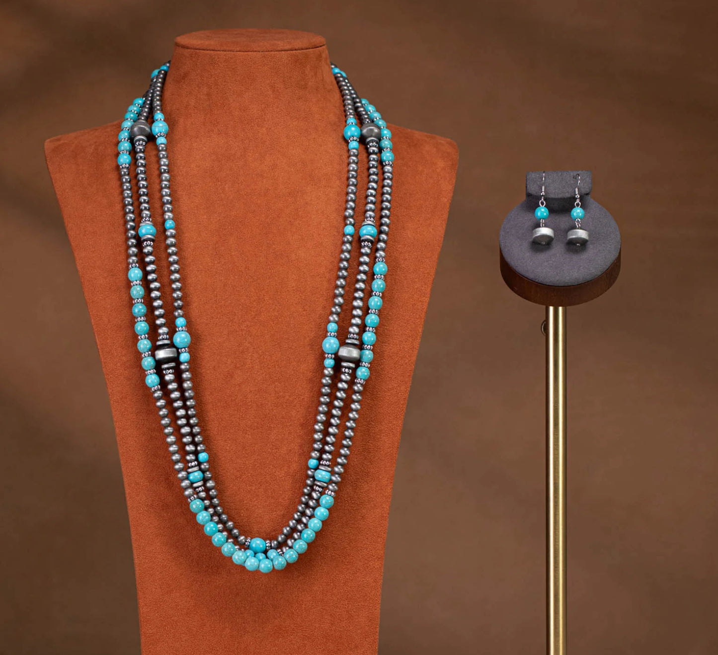 Rustic Coutoure Turquoise Beaded Layered Necklace Earrings Set RNS-1035