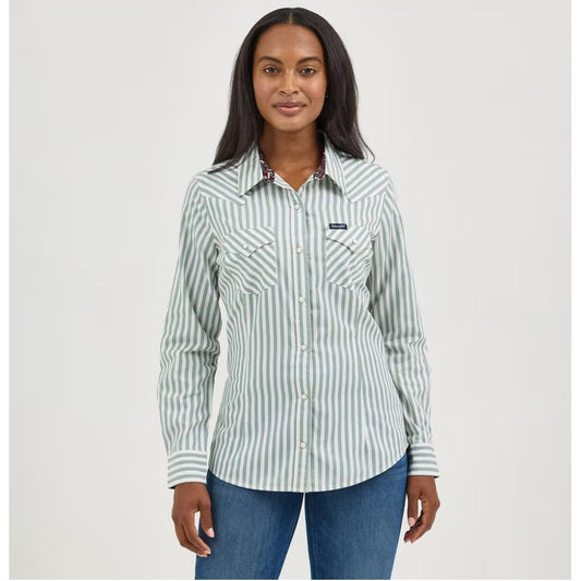 Wrangler Retro Ladies Green Striped Rodeo Shirt 112367183