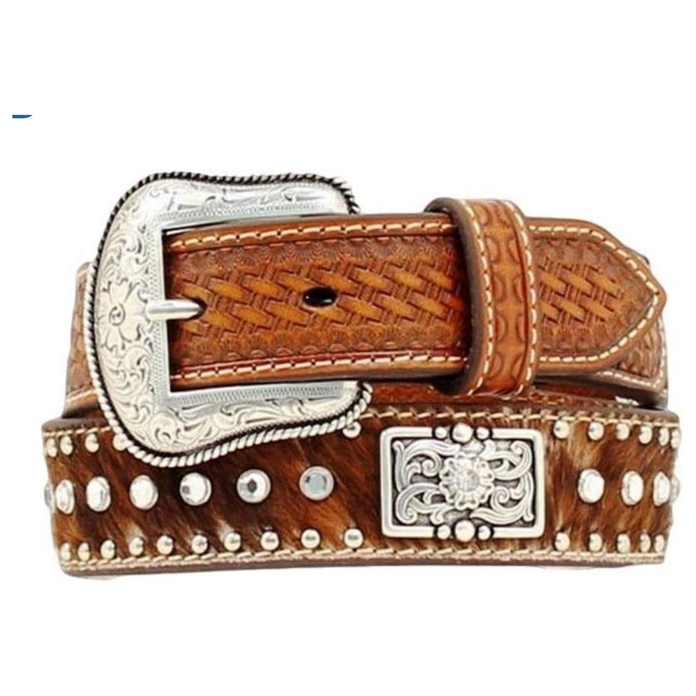 Nocona Kids Belt - Basket Weave Tooled Leather, Rhinestone, Cowhide, Concho N4431402