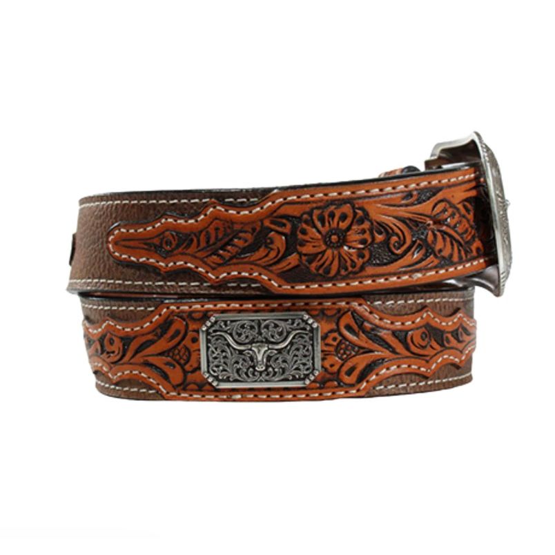 3D Belt Co. Men’s Belt - Embossed Floral Leather Tabs w/ Longhorn Concho D100014302