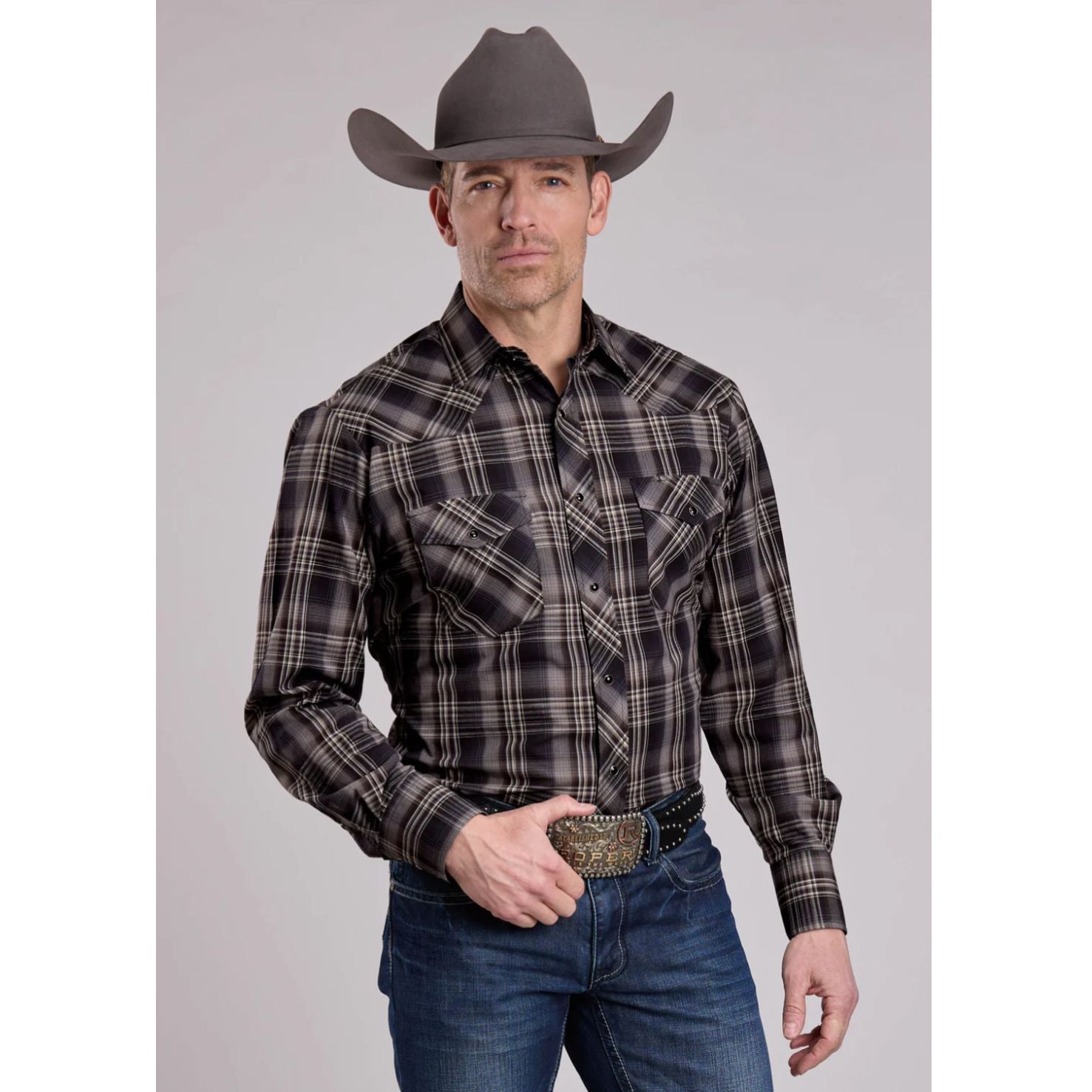 Roper Men’s Snap Shirt, Plaid Black-Brown 01-01-101-7008