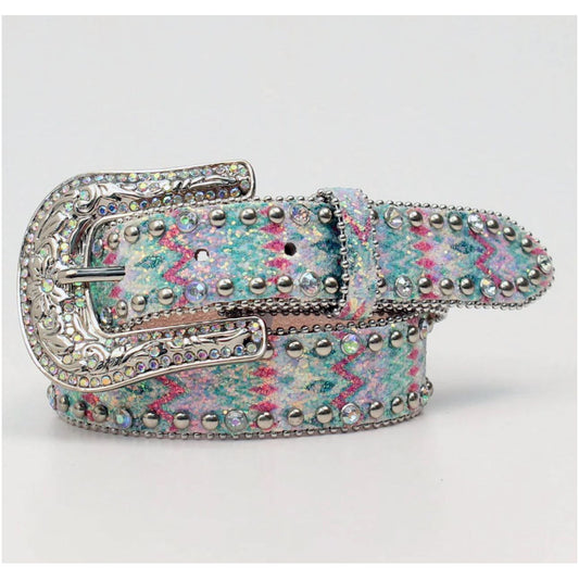 Angel Ranch Girls Belt -Leather, Southwestern Sparkle Green and Pink, Rhinestone, D130001997