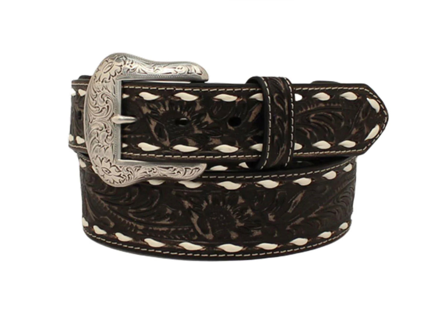 Nocona Men’s Belt,- Tooled, Whipstitch, Distressed Black, N210005101
