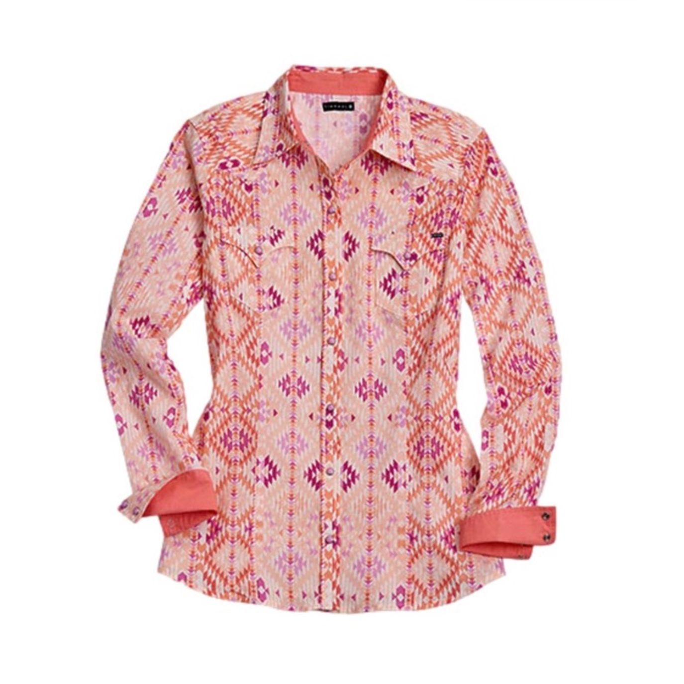 Tin Haul Ladies Snap Shirt, Orange Aztec- 10-050-0068-0313