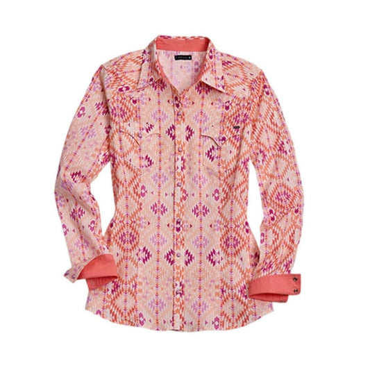 Tin Haul Ladies Snap Shirt, Orange Aztec- 10-050-0068-0313
