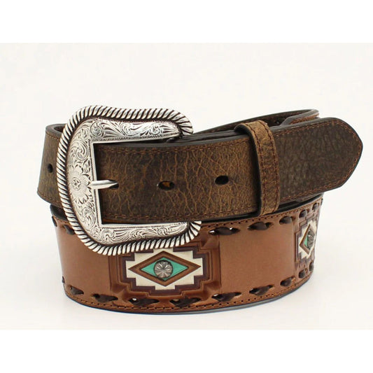 Nocona Men’s Belt, “Diamond Southwest” leather w/ Aztec design and whipstitch -N210004302