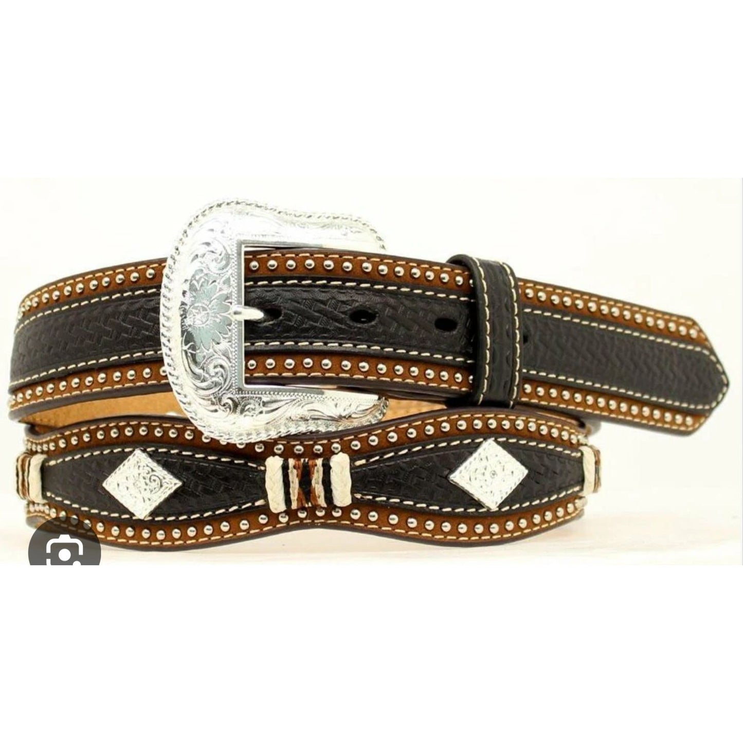 Nocona Men’s Belt, Pro-Series, Black & Brown Scalloped leather w/ diamond Concho- N25088129