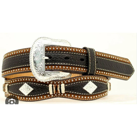 Nocona Men’s Belt, Pro-Series, Black & Brown Scalloped leather w/ diamond Concho- N25088129