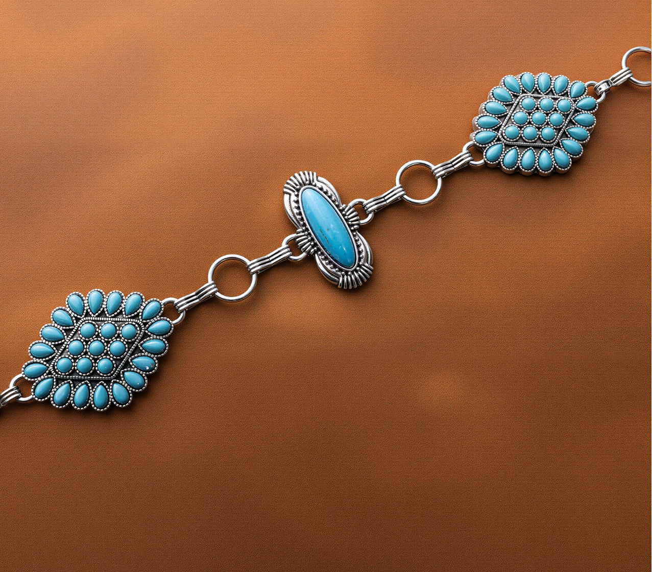 Rustic Coutoure Western Concho Link Chain Belt, Turquoise Bead RCB-03-113TQ